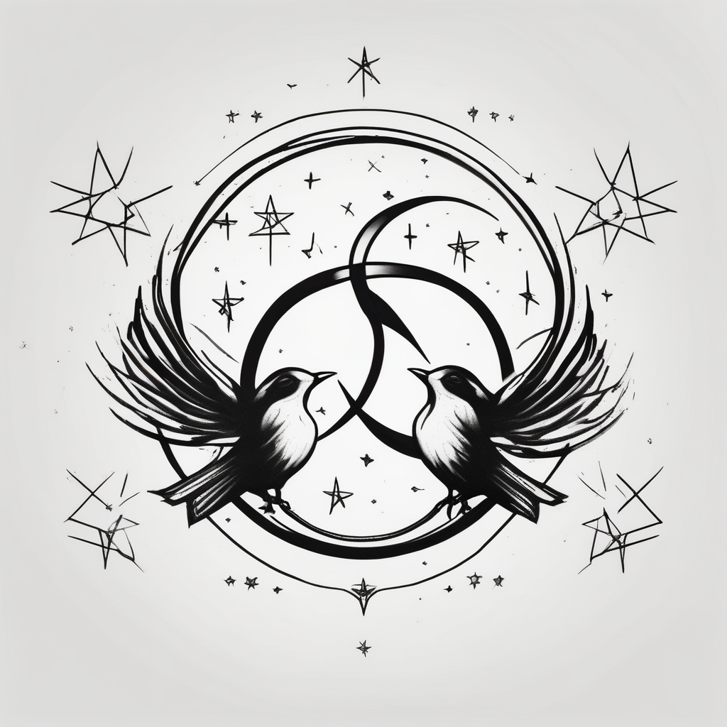two birds sitting, stars and infinity theme couples tattoo glitter tattoo, AI-generated Minimalist tattoo design